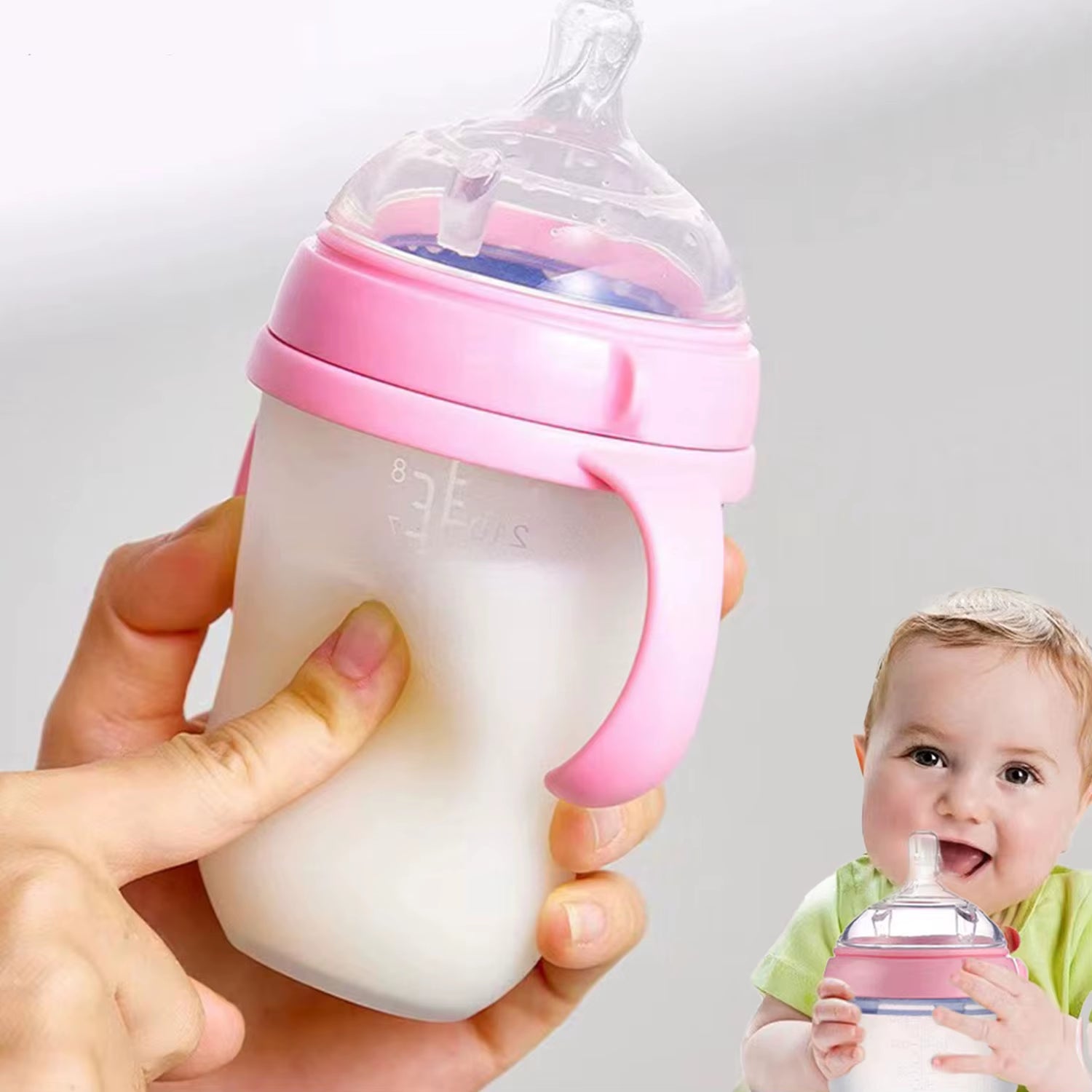 Nano-Silicone Baby Bottles with Handles - 240ml and 150ml, Breastmilk-Like Design for Infants 0-36 Months