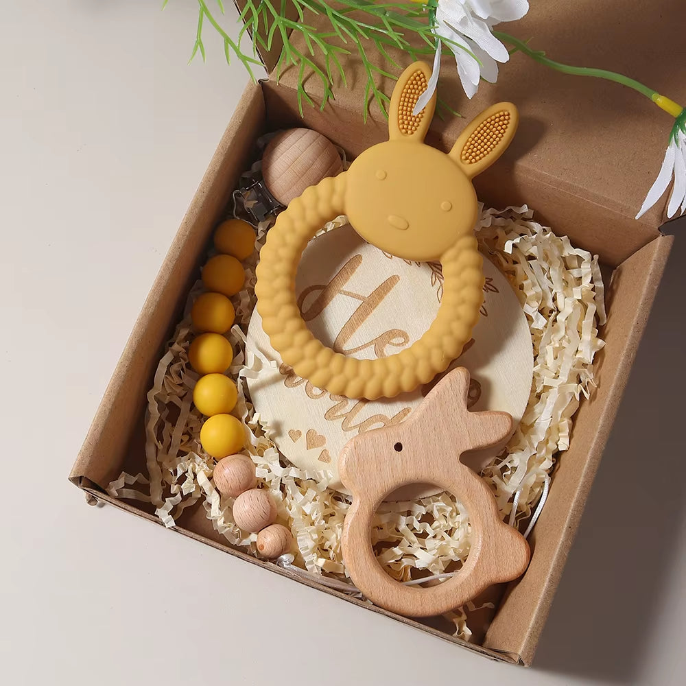 Adorable Newborn Gift Set: Silicone Bunny Teether, Wooden Rattle & Milestone Props
