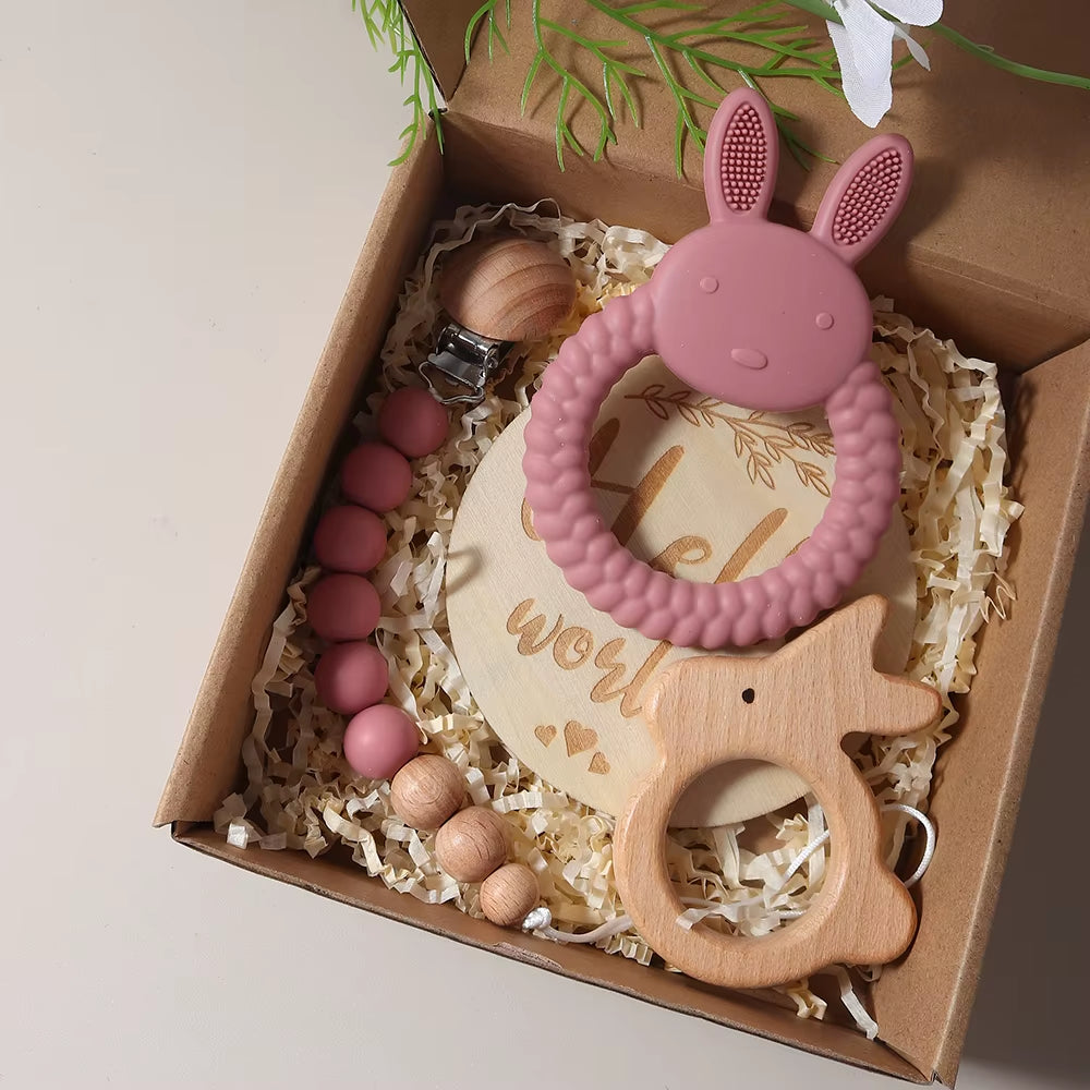 Adorable Newborn Gift Set: Silicone Bunny Teether, Wooden Rattle & Milestone Props