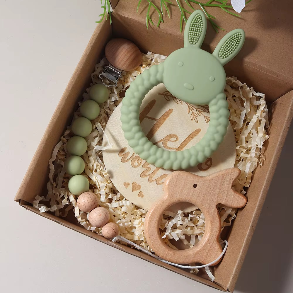 Adorable Newborn Gift Set: Silicone Bunny Teether, Wooden Rattle & Milestone Props