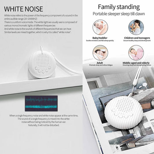 White Noise Sound Machine Portable Baby Sleep Machine 10 Soothing Sounds Volume Adjustable Built-In Rechargeable Battery USB