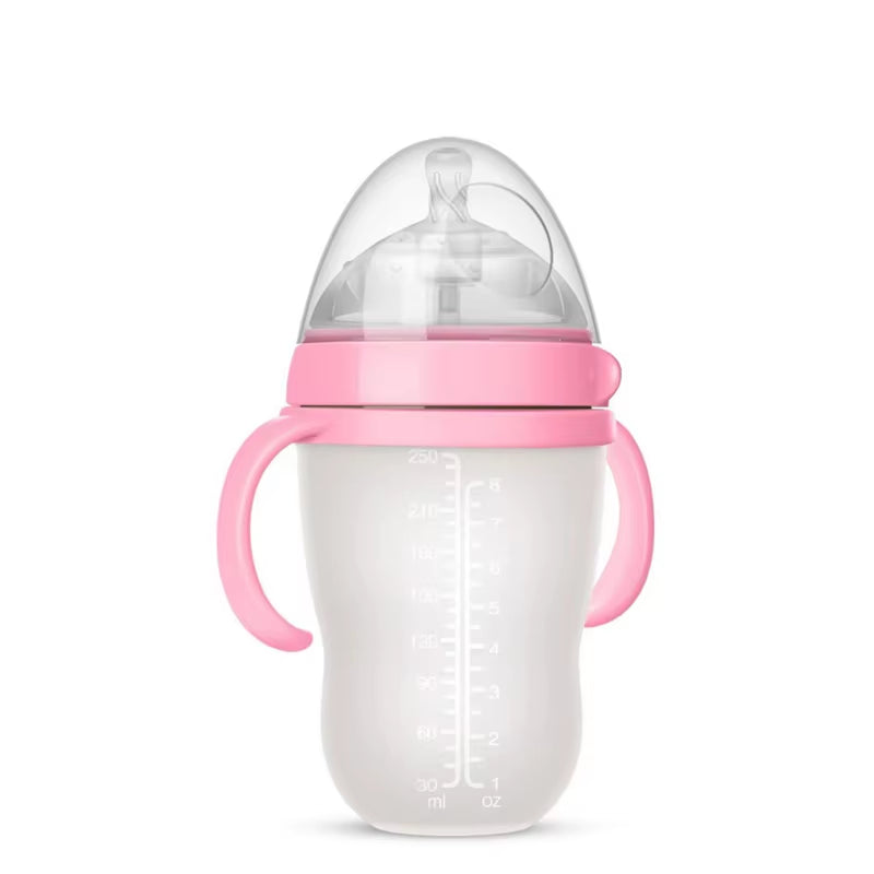Nano-Silicone Baby Bottles with Handles - 240ml and 150ml, Breastmilk-Like Design for Infants 0-36 Months