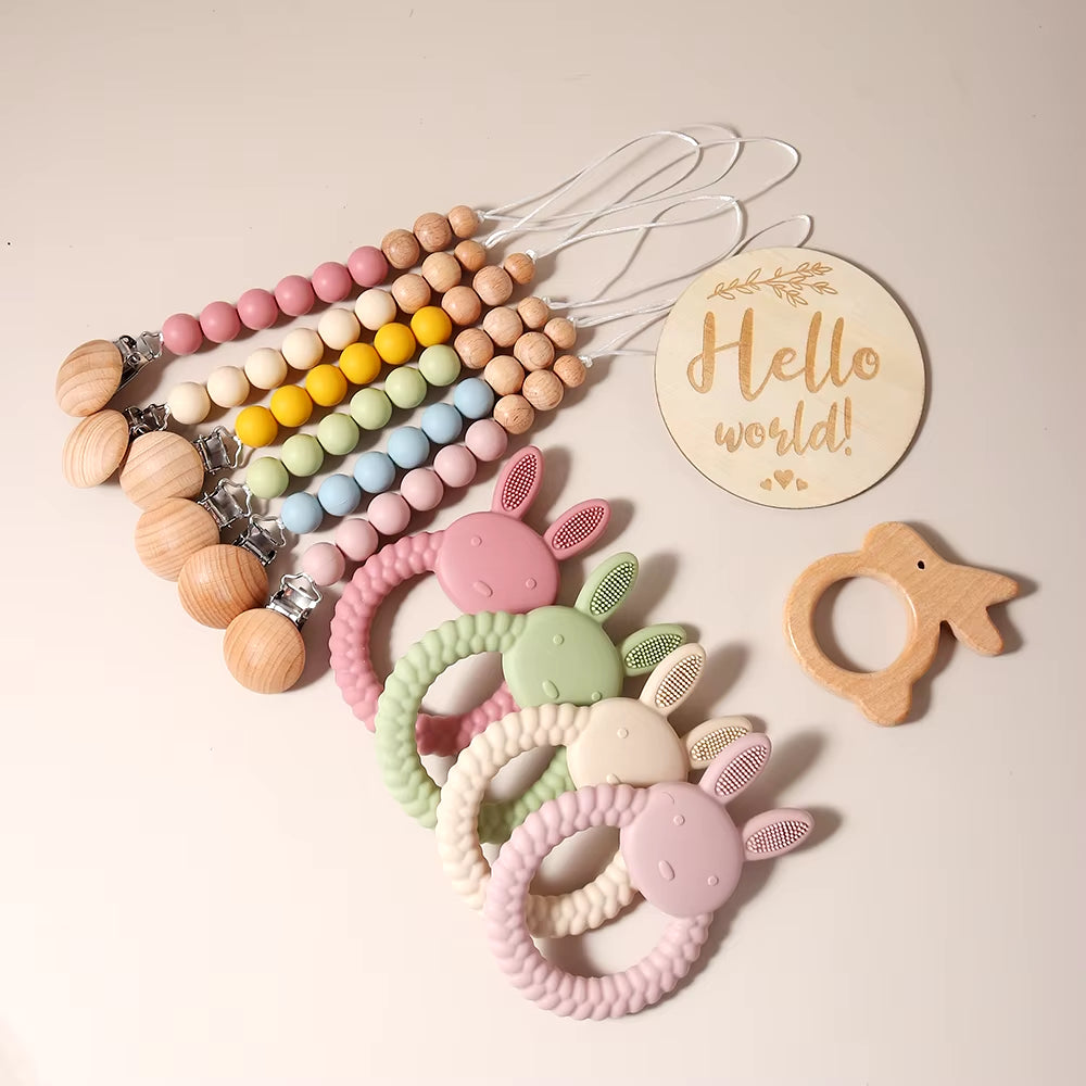 Adorable Newborn Gift Set: Silicone Bunny Teether, Wooden Rattle & Milestone Props