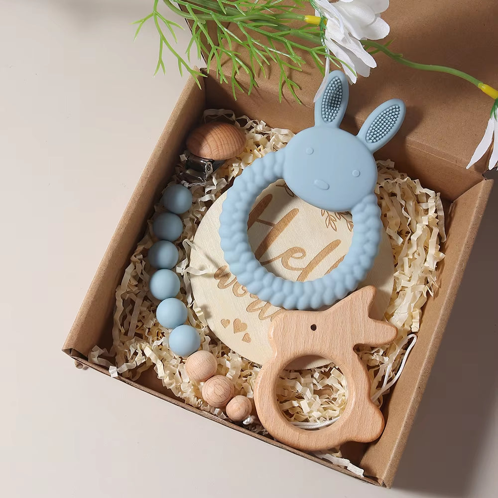 Adorable Newborn Gift Set: Silicone Bunny Teether, Wooden Rattle & Milestone Props