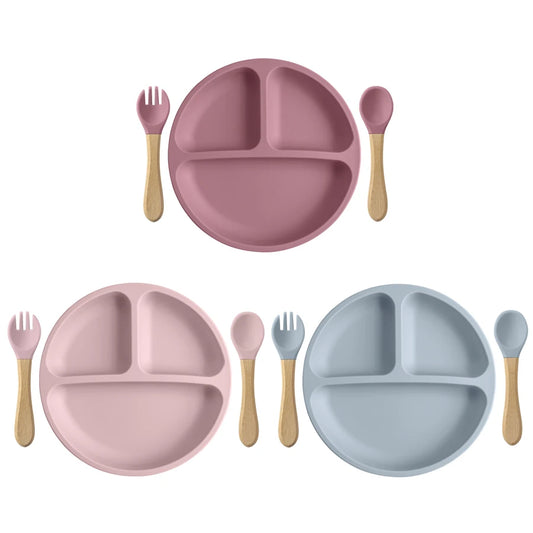 Delightful 3-Piece Silicone Baby Feeding Set with Wooden Handle - Safe, BPA-Free Dinnerware for Little Ones