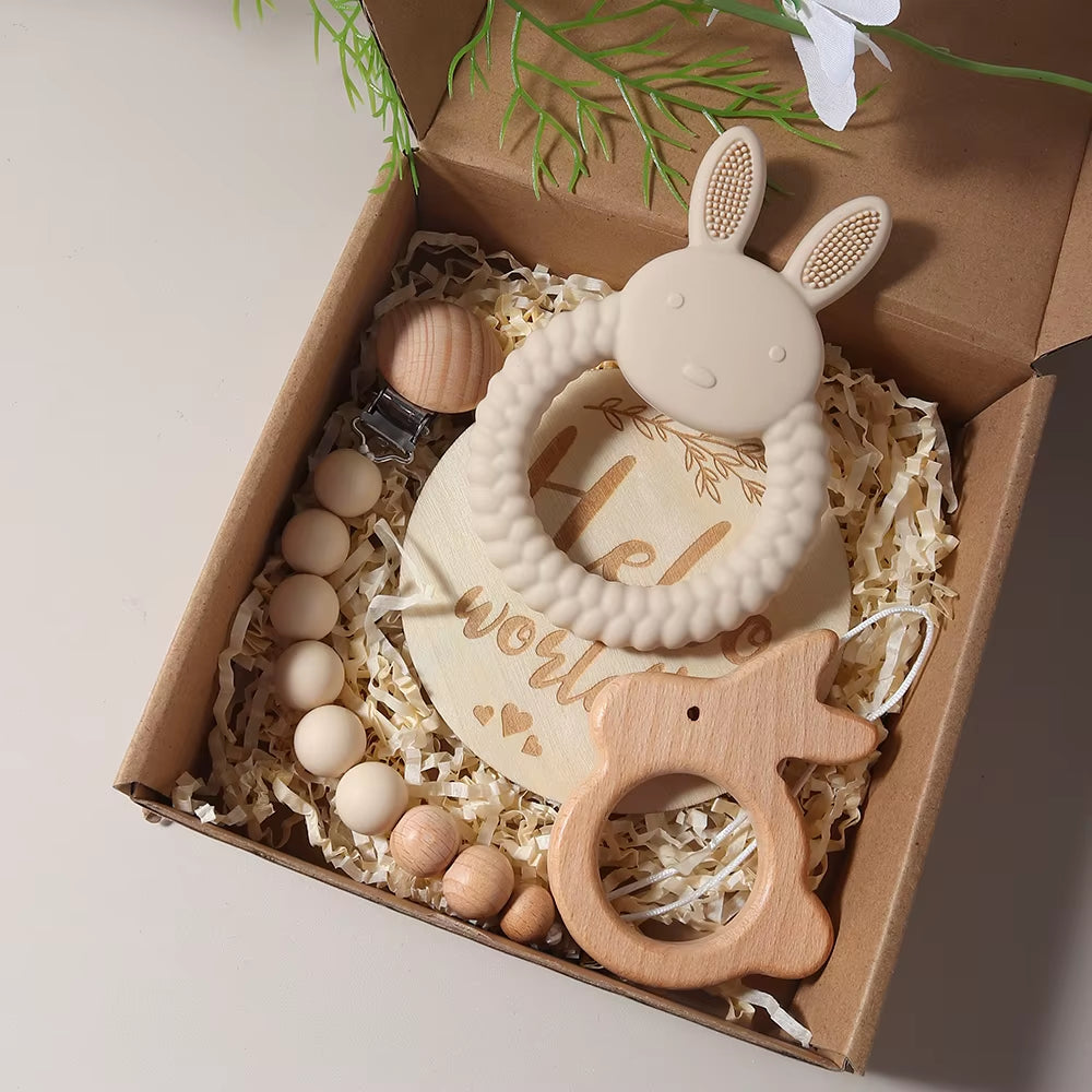 Adorable Newborn Gift Set: Silicone Bunny Teether, Wooden Rattle & Milestone Props