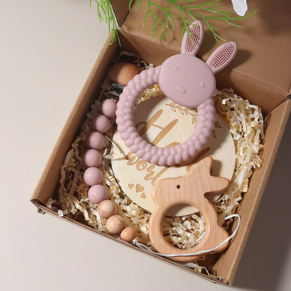 Adorable Newborn Gift Set: Silicone Bunny Teether, Wooden Rattle & Milestone Props